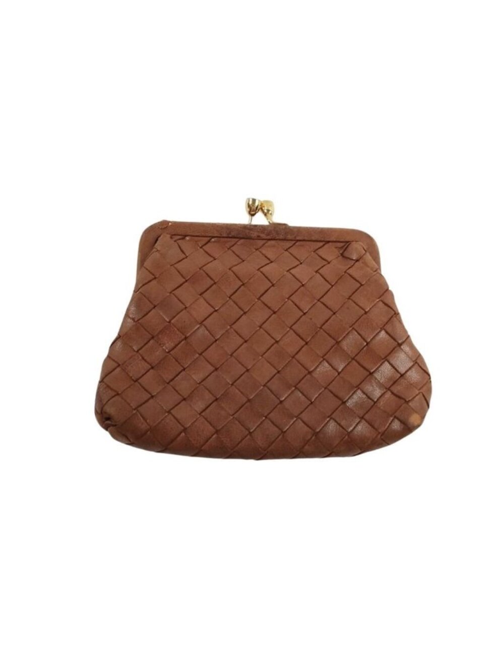 Bottega Veneta Coin Purse Intrecciato Brown Leather Kiss Lock Gold